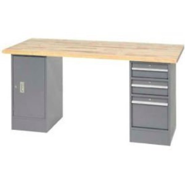 Global Equipment 96 x 30 Pedestal Workbench - 2 Drawers and Cabinet, Maple Square Edge - Gray 319030